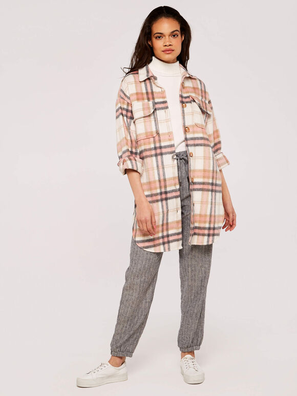  Check Longline Shacket, Peach, large