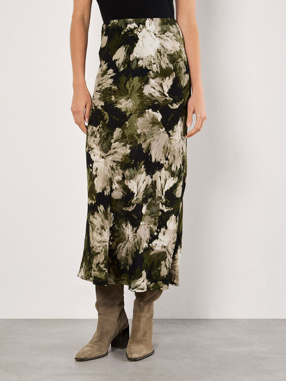 Painterly Floral Slip Maxi Skirt, Khaki, large
