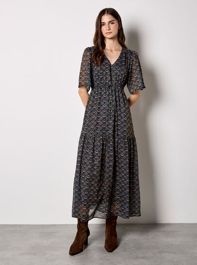 Gold foil Scallop Chiffon Maxi Dress