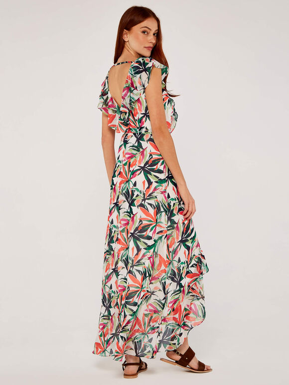Palm Print Ruffle Dress, Cream, large