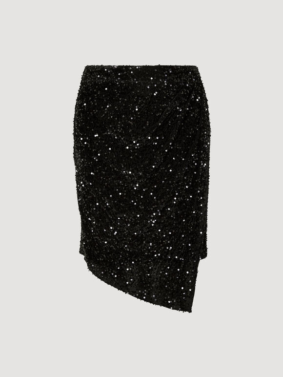 Curve Velvet Sequin Wrap Mini Skirt, Black, large