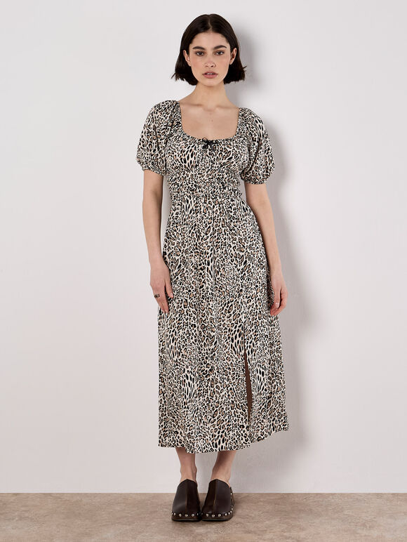 Animal Print Milkmaid Midi Dress, Cream, large