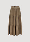 Belted Tiered Maxi Skirt, Brown, large