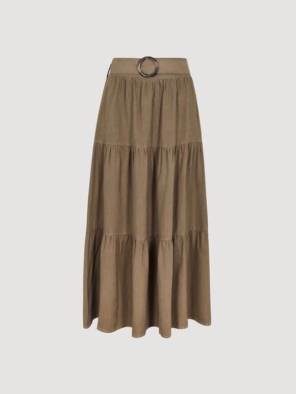 Belted Tiered Maxi Skirt, Brown, large