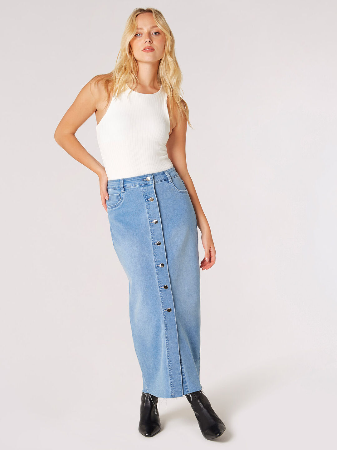 Image of Button Down Denim Midi Skirt