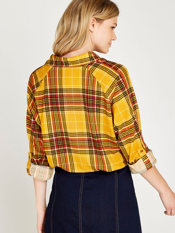 Yellow Plaid Knot Front Shirt, Mustard, large