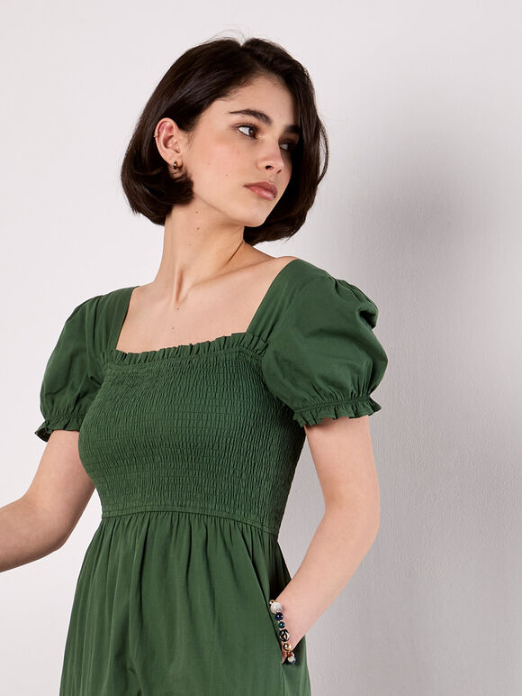 Cotton Tiered Milkmaid Midi Dress, Green, large