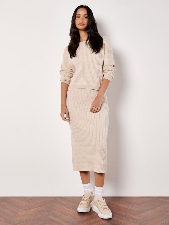 Stone Fine Knit Cable Skirt & Top Co-ord, , large