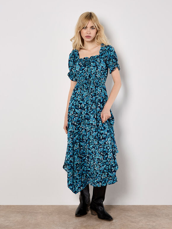 Sarasa Floral Milkmaid Midi Dress, Navy, large