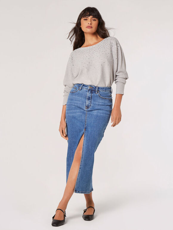 Gem Embellished Batwing Jumper, Grey, large