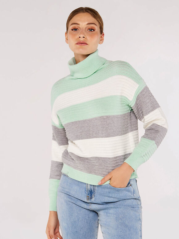 Ribbed Colour Block Stripe Jumper, Mint, large