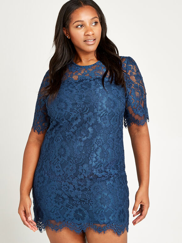 Lace Scallop Hem Dress+, Teal, large