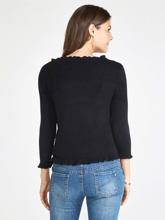 Ruffle Edge Knit Cardigan, Black, large
