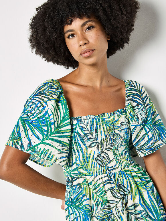 Palm Print Cotton Broderie Mini Dress, White, large