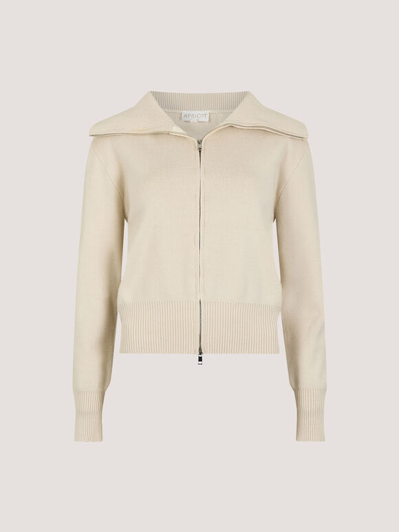 Double Zip Ribbed Knit Cardigan, Stone, large