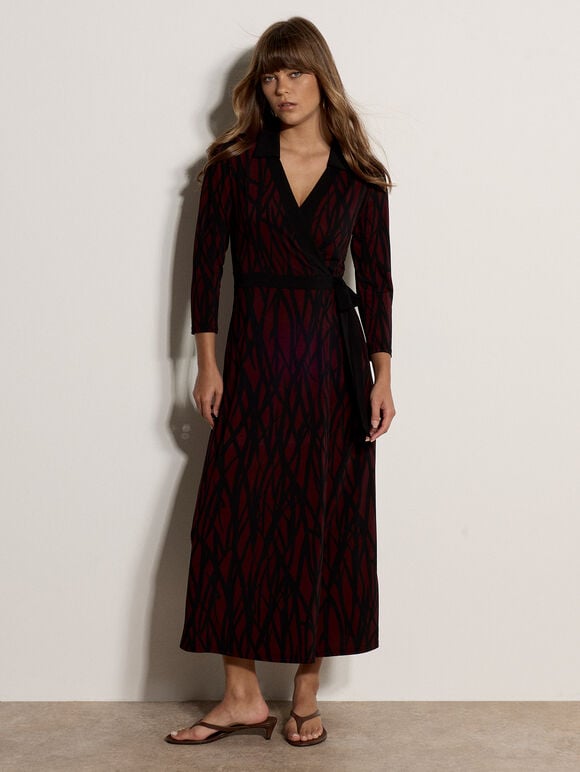 Abstract Print Wrap Maxi Dress, Burgundy, large