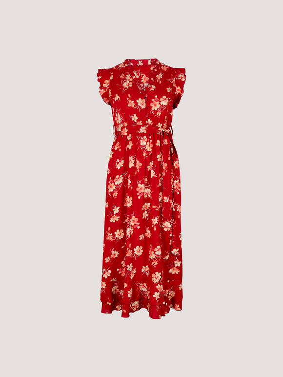 Painterly Floral Midi Dress, Red, large