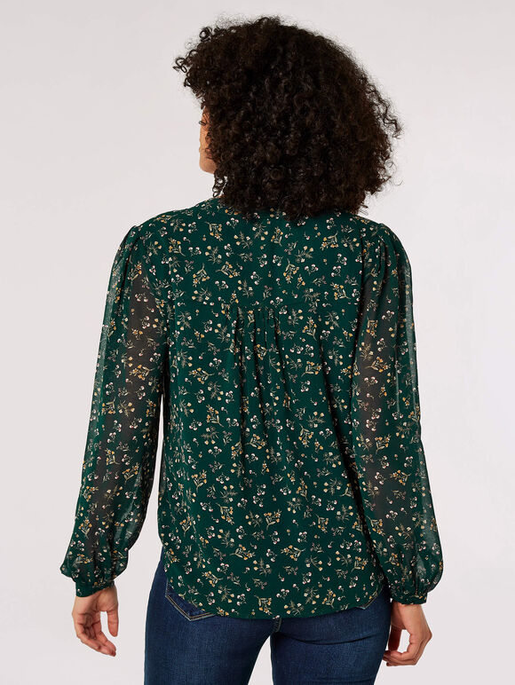 Ditsy Floral Chiffon Blouse, Green, large