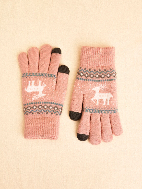 Reindeer Touch Screen Gloves, Pink, large