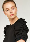 Round Neck Ruched Sleeve Top, Black, large