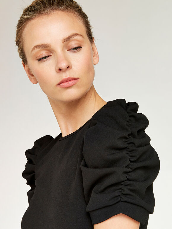 Round Neck Ruched Sleeve Top, Black, large