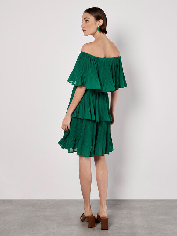 Plisse Tiered Bardot Mini Dress, Green, large