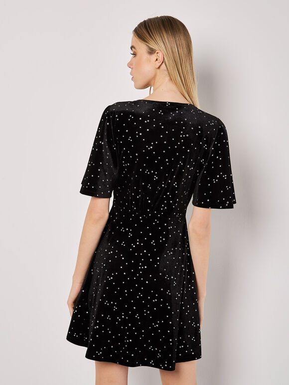 Metallic Star Velvet Mini Dress, Black, large