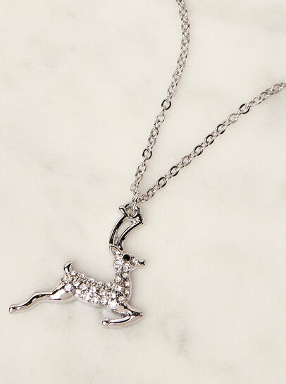 Silver Tone Crystal Reindeer Necklace