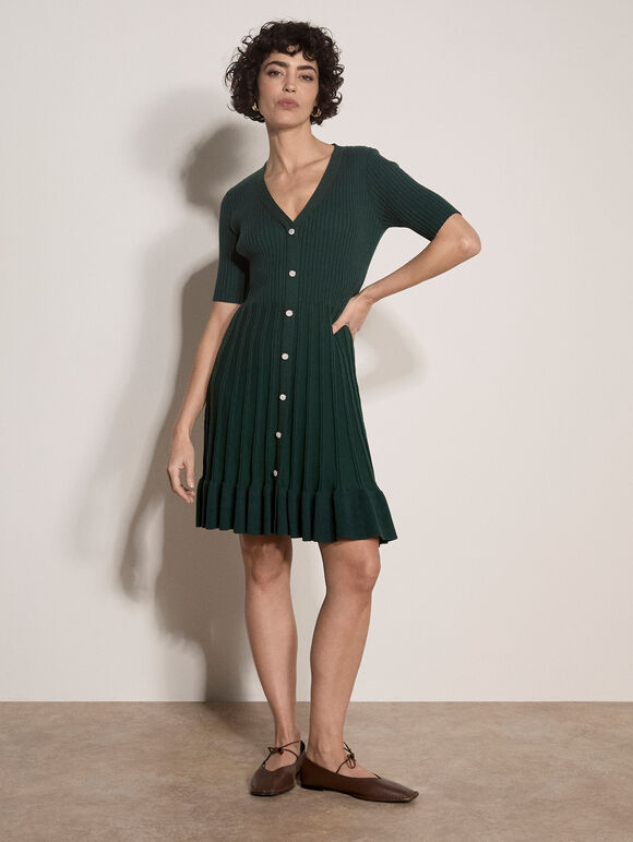 Ribbed Knit Fit And Flare Mini Dress, Green, large