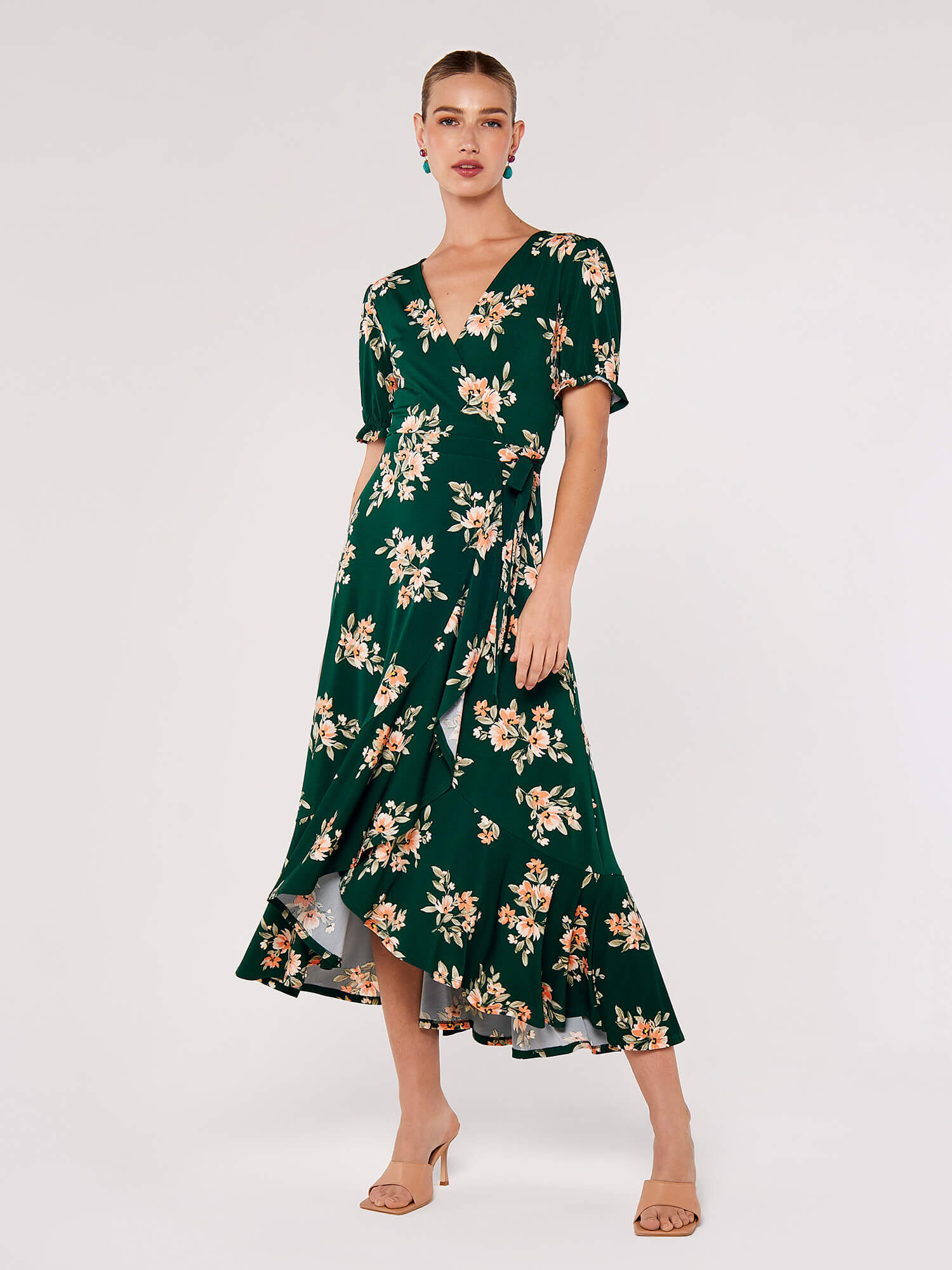 Floral Wrap Midi Dress Apricot Clothing