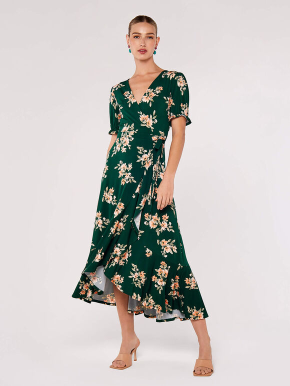 Floral Wrap Midi Dress, Green, large
