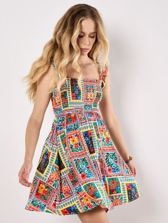 Postcard Floral Print Mini Dress, White, large