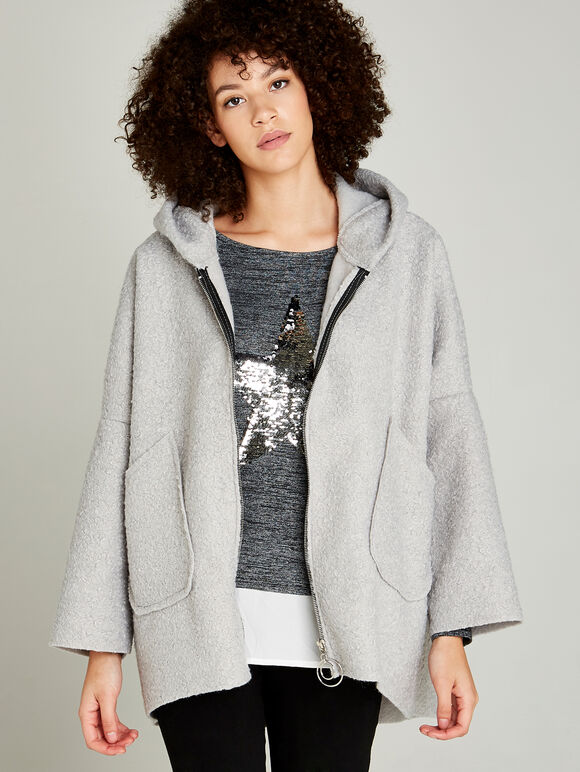 Boucle Borg Zip Through Cape, Grey, large