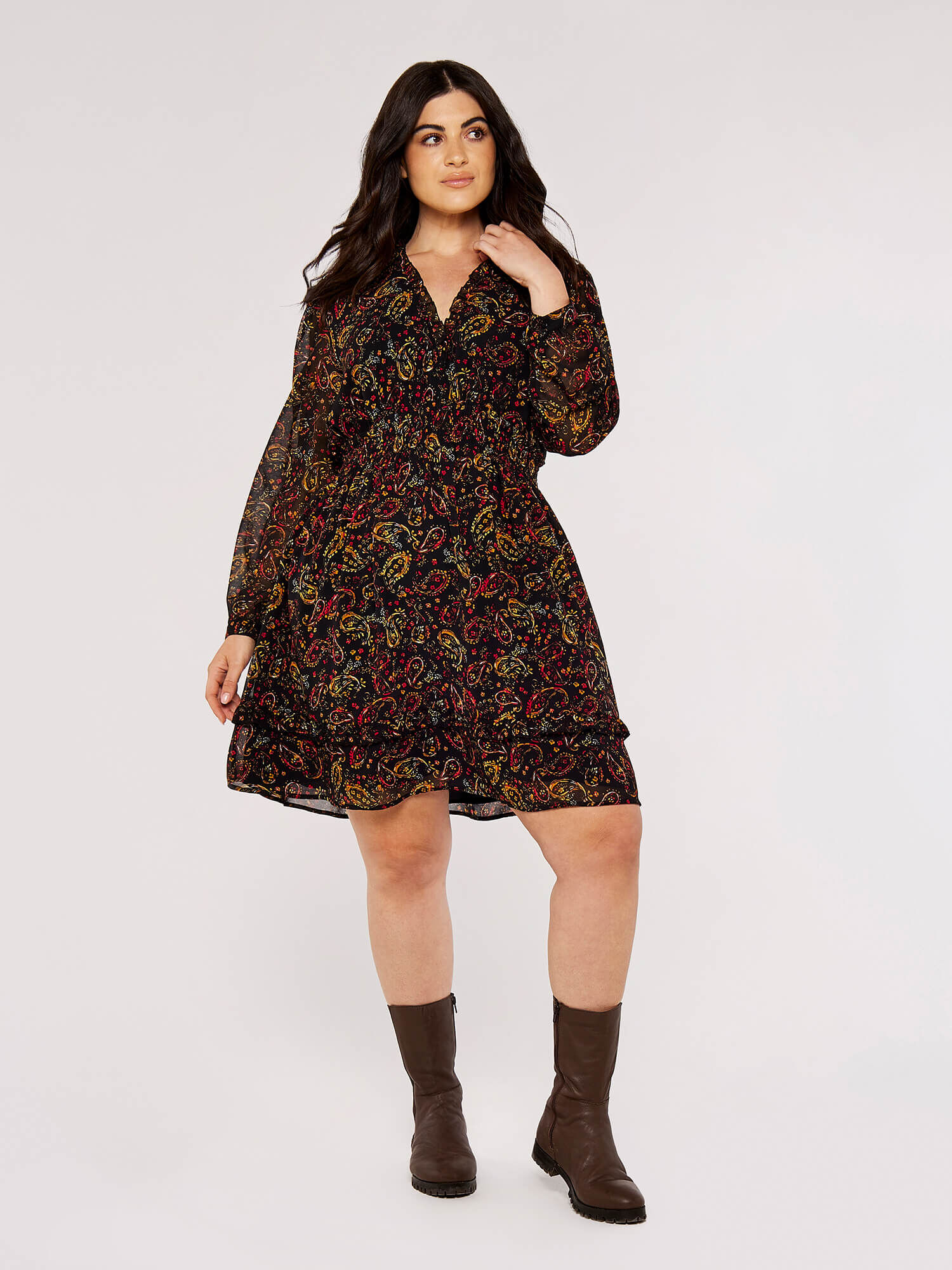 Curve Paisley Smock Dress Apricot Clothing