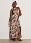 Tropical Leaf Satin Maxi Dress, Stone, large