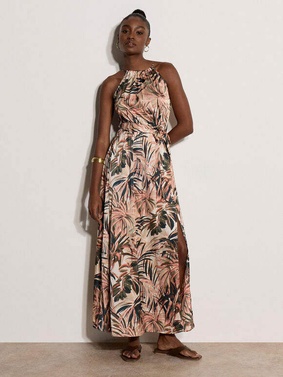 Tropical Leaf Satin Maxi Dress, Stone, large