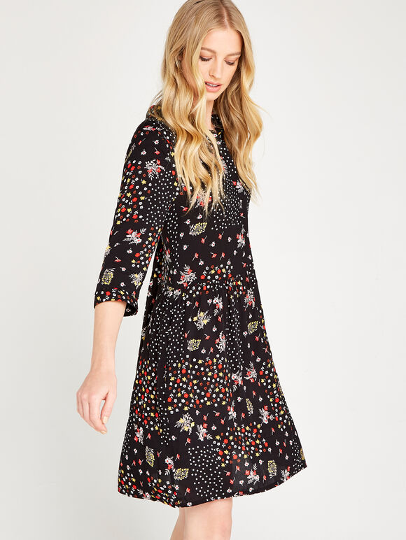 Black Patchwork Floral Smock Dress, Black, large