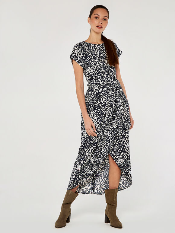Abstract Print Crepe Wrap Dress, Blue, large