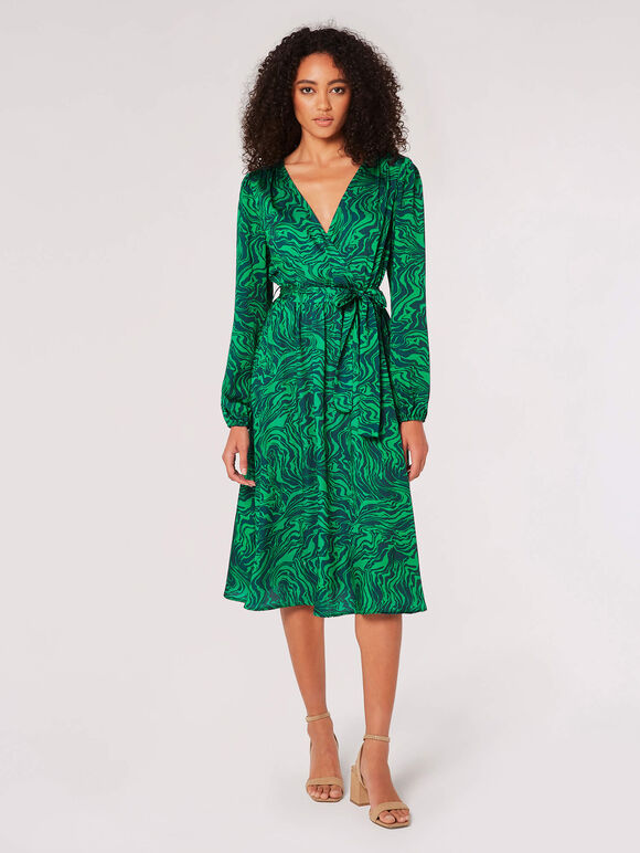 Swirl Satin Wrap Midi Dress, Green, large