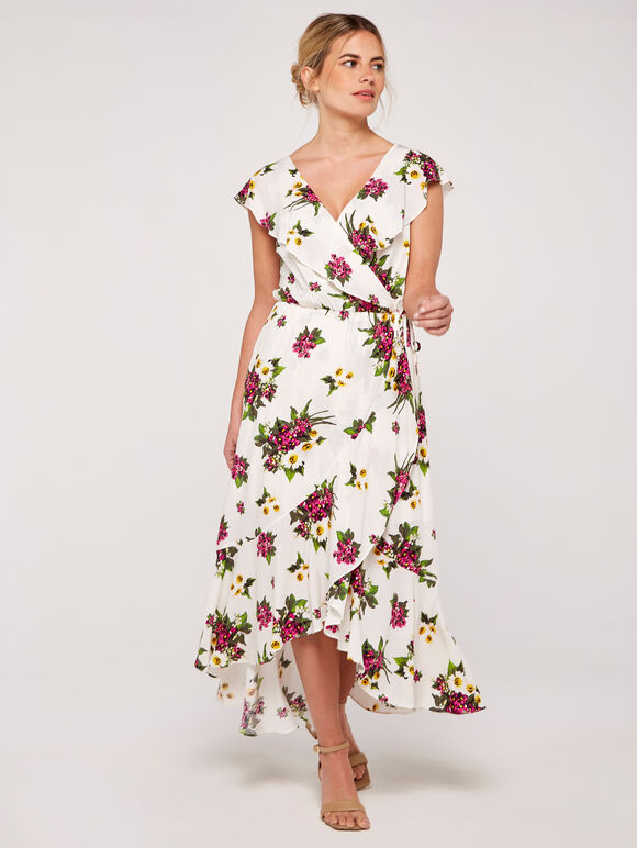 Floral Bouquet Ruffle Midi Dress, Cream, large