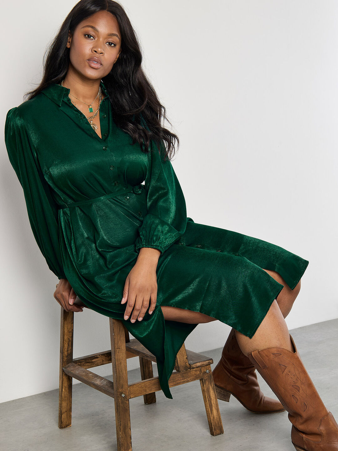 Curve Satin Shirt Midi Dress