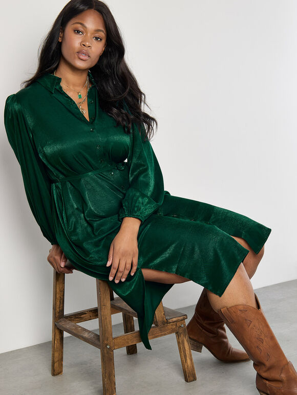 Curve Satin Shirt Midi Dress, Green, large