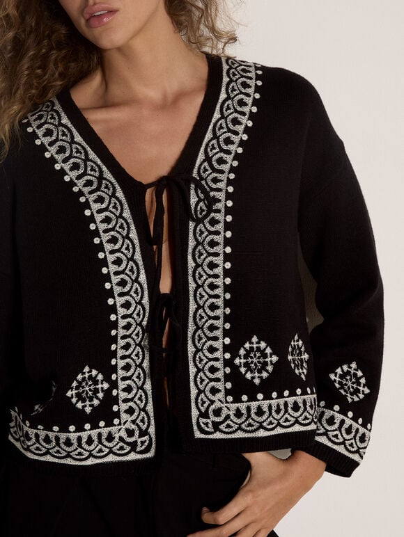 Soft Ribbed Knit Embroidered Cardigan, Black, large