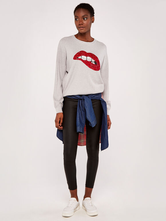 Sequin Lips Batwing Jumper, Grey, large