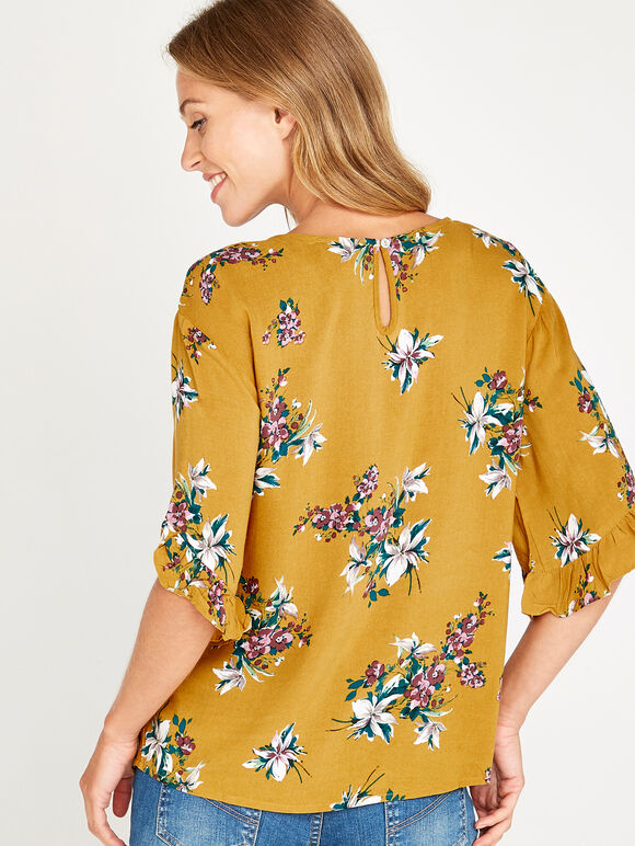 Yellow Floral Ruffle Sleeve Top, Mustard, large