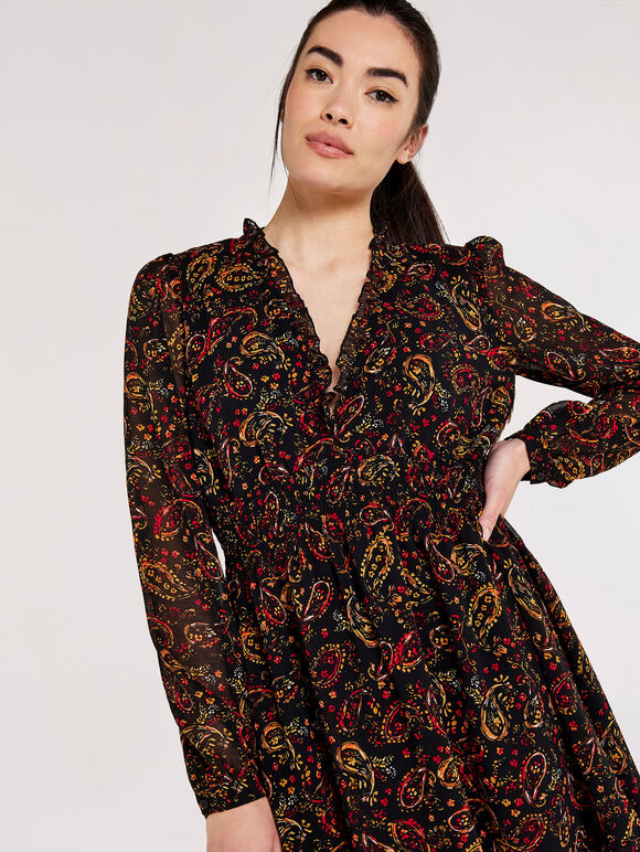 Paisley Ruffle Mini Dress , Black, large
