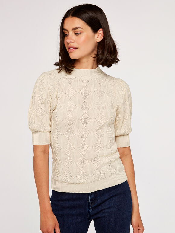Cable Knit Jumper, Stone, large