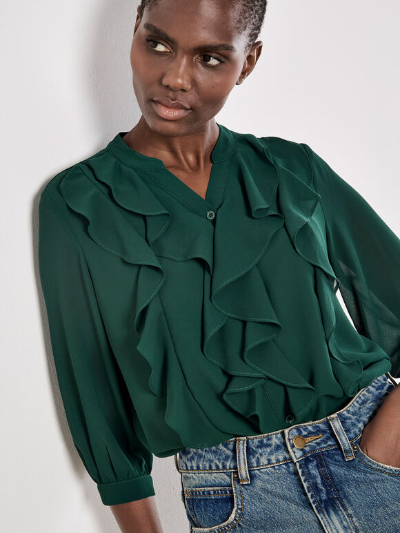 Ruffle Front Chiffon Blouse, Green, large
