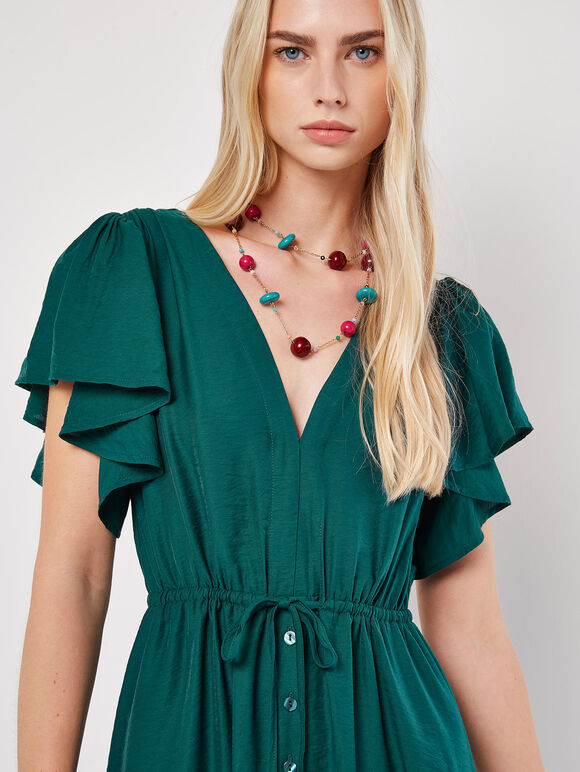 Angel Sleeve Button-Down Maxi Dress, Green, large