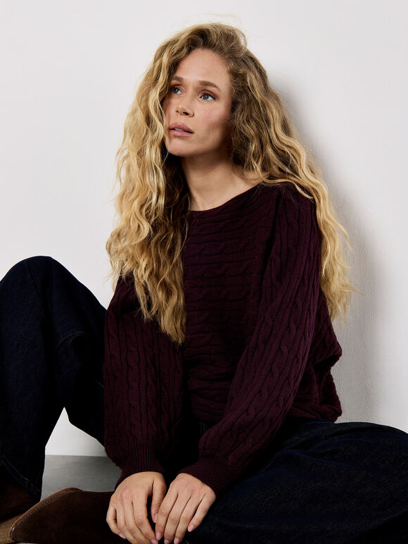 Cable Stripe Batwing Aran Jumper, Purple, large